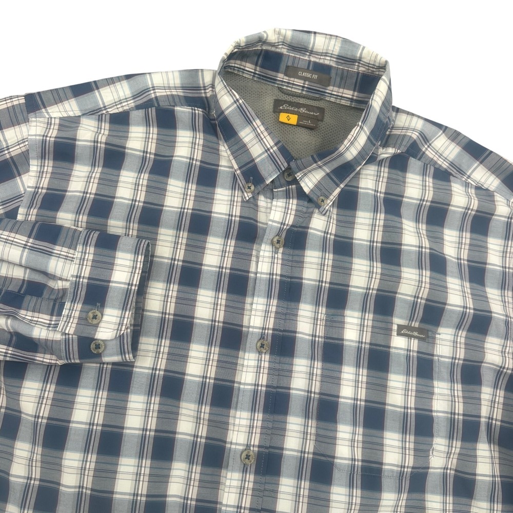 Eddie Bauer Travex Mens Large Classic Fit Plaid Button Down Shirt Blue‎ White